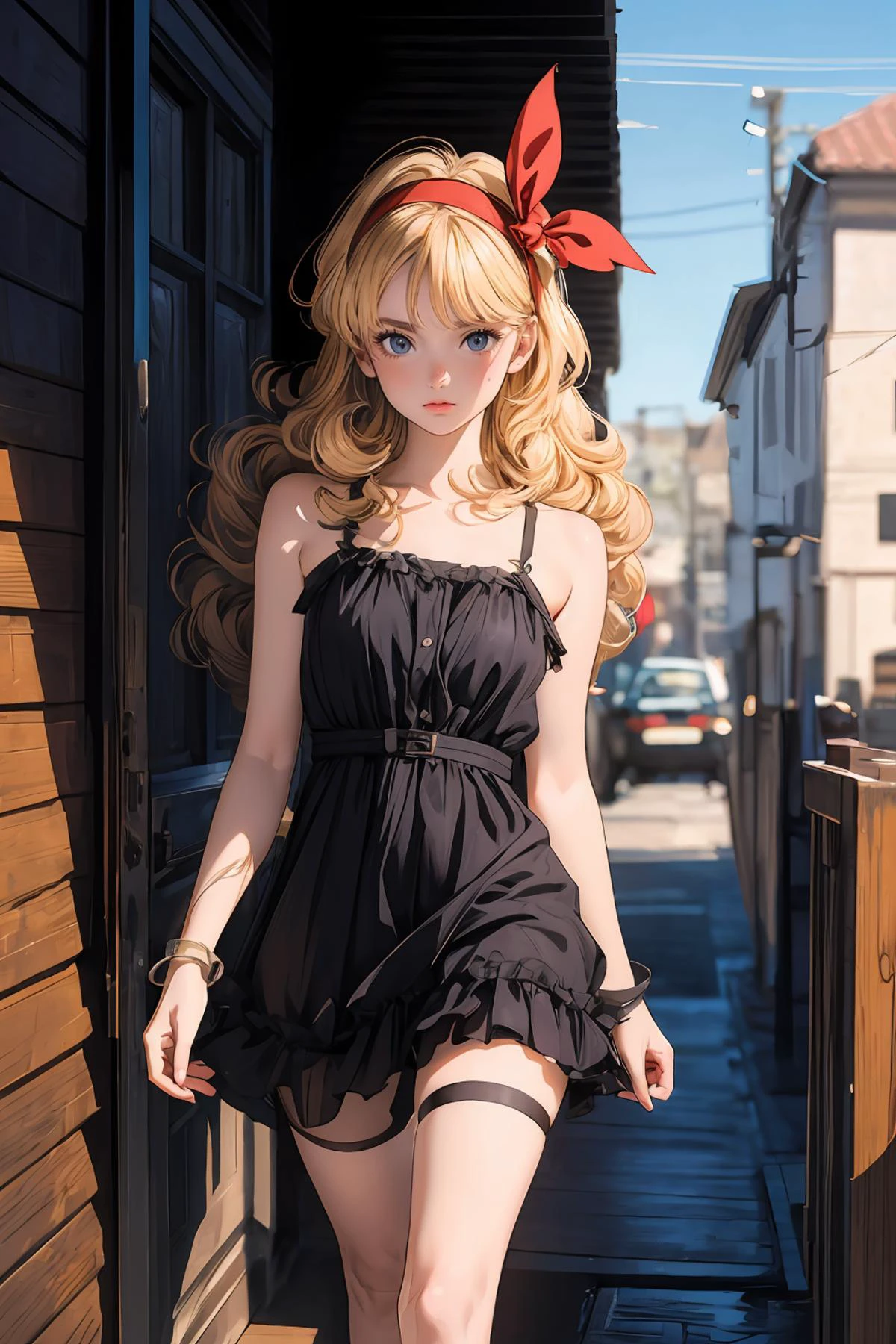 masterpiece,8k high quality detailed,highres,anime,,illustration \(art_book\),
(an illustration of a female,illustration \(female\),(solo)),
,1girl,long hair,blonde hair,curly hair,hair ribbon,blue eyes,medium breasts,red hairband,eyelashes,bangs,(black_little_dress),Disbelief,detailed_face,
((Hands behind back, walking confidently)),
(,realistic clothing texture,realistic_skin_texture),