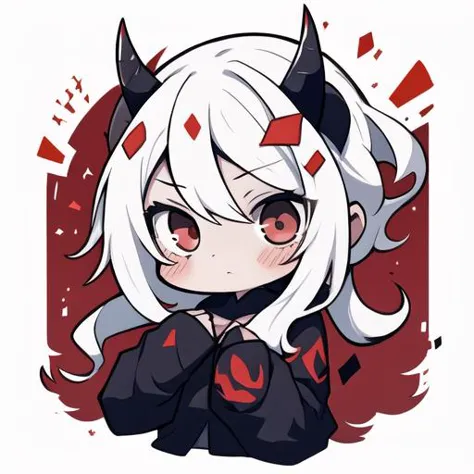 1 girl, head, ((white background, chibi)), emote, twitch, <lora:NijiEmotes:0.85>, <lora:modeus:0.8>, helltaker, white hair, 2 horns, red eyes, reach, hands