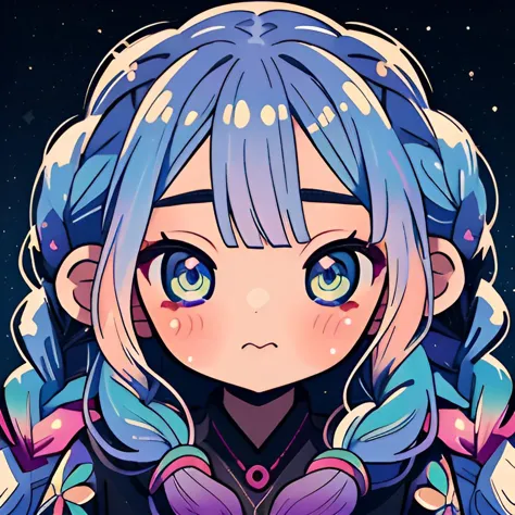 <lora:niji-emote:1.0>, Niji Emote, 1girl, gradient twin braids, starry print eyes, wavy mouth, closed mouth expression, masterpi...