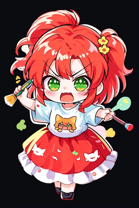 chibi, white outline, sticker, 1girl, female focus, cute, angry face, yelling, red hair, green eyes, holding a paintbrush, kawaii , tshirt, pattern skirt, long skirt, simple background, black background, anime coloring, twitch emote, <lora:NijiEmoteV2:1>