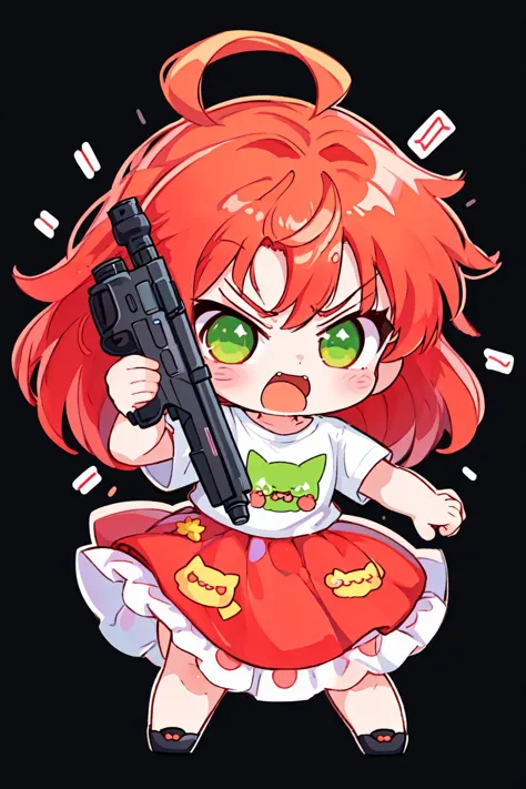 a cartoon girl holding a gun and pointing it at the camera