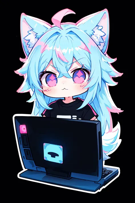 anime girl with blue hair and pink eyes using a laptop