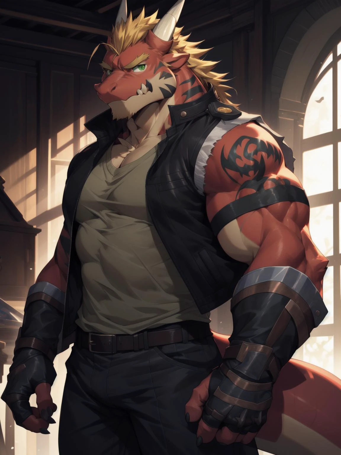 anthro, solo, delga, dragon, clothing, male, topwear, muscular, muscular anthro, jacket, shirt, fingerless gloves, green eyes, muscular male, red body, looking at viewer, hi res, bottomwear, tatoo, white vest, blonde hair, detailed background, photorealistic, realistic hands, 8k hd, extreme detail, (dark shadows, wide dynamic range, hdr, low light:1.2), by canyne khai,by milkytiger1145,by takemoto arashi,by null-ghost 