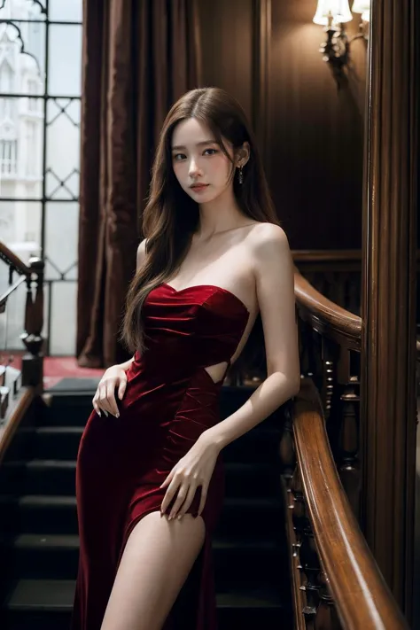 (realistic), (hyperrealism),best quality, masterpiece,ultra high res, (photorealistic:1.4),1girl,(looking at viewer:2), <lora:add_detail:0.3>,luxury gothic mansion,
long elegant red dress, stairs, black choker, earrings, banges, skinny, pale skin,long straight hair,
cowboy shot, <lora:makina69_heidi_v1.0:1>