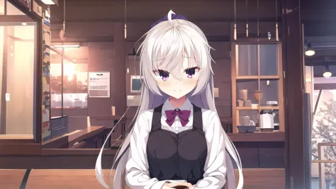 masterpiece, best quality, 1 girl,  <lora:akizukiKannaCafStellaToShinigamiNoChou_v1E6:0.7>, kanna, white hair, purple eyes, coffee shop, cowboy shot