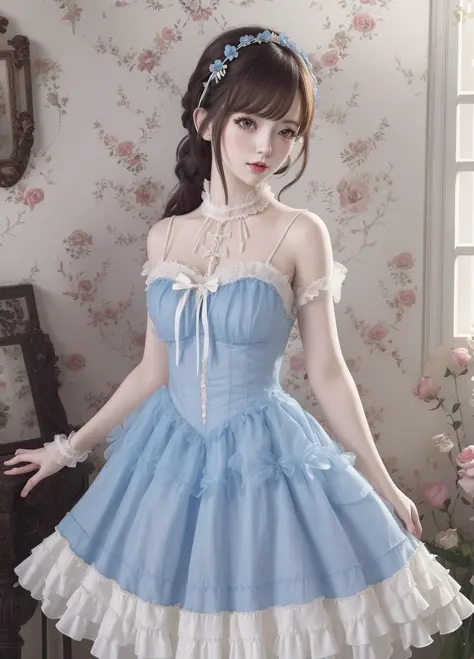 best quality,masterpiece,illustration,an extremely delicate and beautiful,extremely detailed,CG,unity,(1girl:1.2),lolita1,<lora:lolita1-v1:0.7>,blue dress,rose, flower,