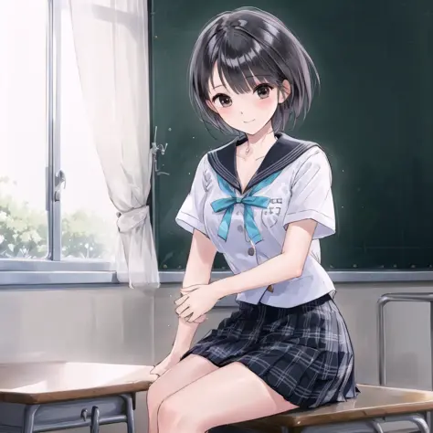 high quality, best quality, masterpiece, absurdres, shirai hinako, black_hair, uniform, 1girl, <lora:hinako2-000004:0.75>, smile, classroom, blush, sitting