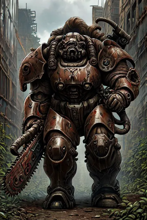 a painting of a giant robot with a chainsaw in a city