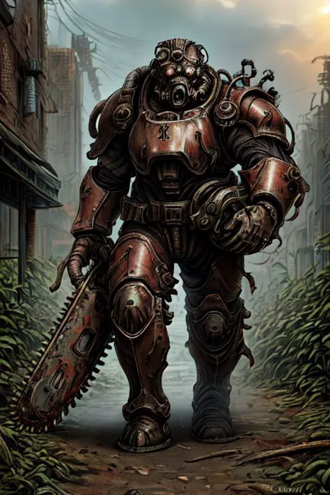 analog style, hdr, chaos space marine power armor,  battle damage, chipped, rust stains. holding chainsaw, looking at viewer, walking, outside, city ruins, overgrown, plants overtake ruins, sunny, smoky, dull colors, sci-fi, bloody, gore caked, 
<lora:t60:.8> extremely detailed, wonderous ambiance, absurdres, elden ring style,