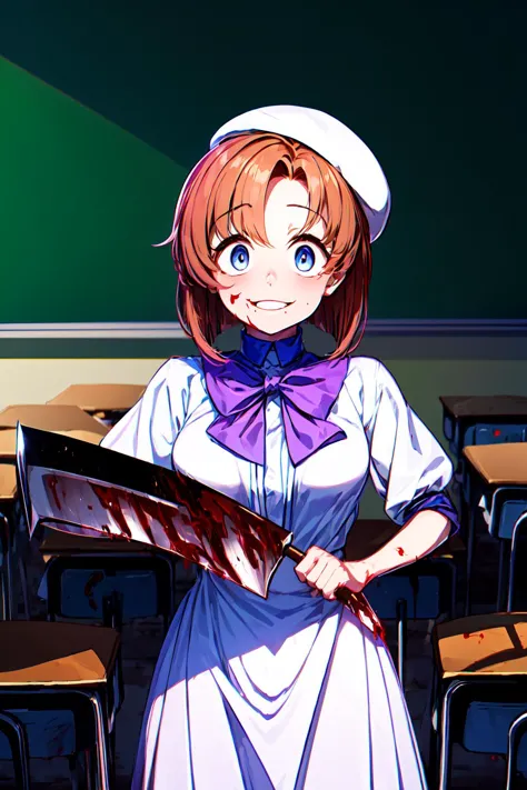 (masterpiece), best quality, high resolution, 1girl,  ryuuguu_rena, orange hair, blue eyes, white dress, beret, purple bow tie, long dress, black thighhighs, high black boots, weapon, holding weapon, nata (tool), blood, blood splatter, , crazy eyes, (classroom:1.3),crazy smile , constricted pupils, yameroyandere, shaded face, dark<lora:RyuuguuRena:1> <lora:yameroyandere-v2:0.9>