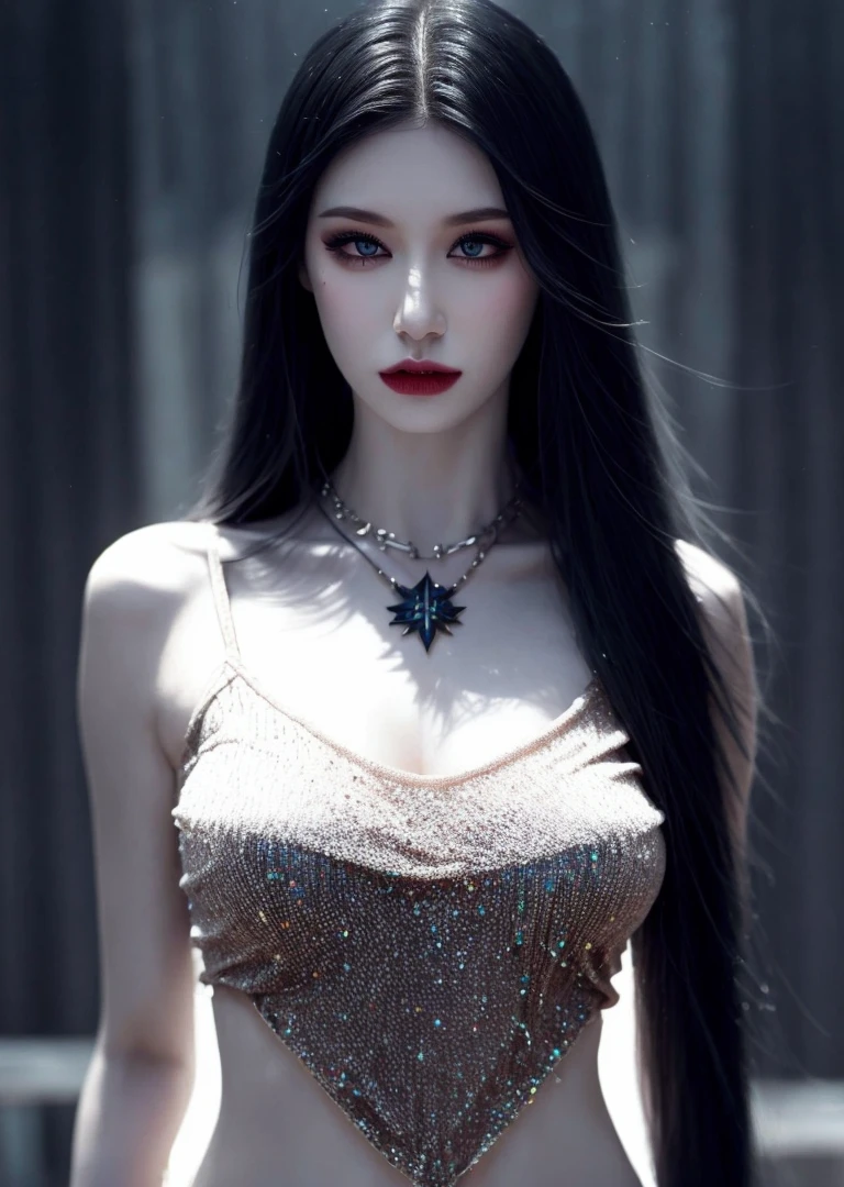 1girl, solo, upper body, looking at viewer, T-shirt, ashes, light long hair, makeup, parted lips, necklace,, Obscure, Queen, Mage,  