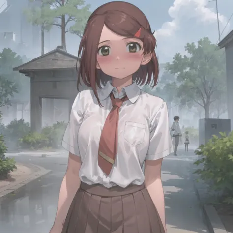 anime girl in school uniform standing in a street with trees