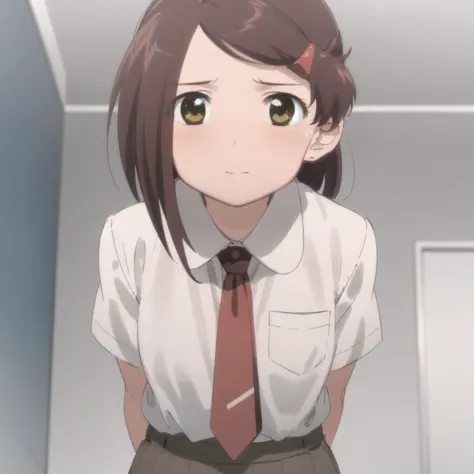 anime girl in a white shirt and tie standing in a room