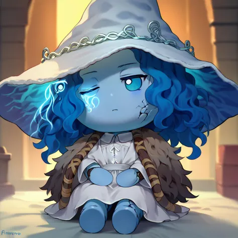 anime - style image of a blue haired girl with a white hat and blue hair