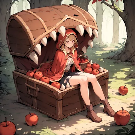 anime girl sitting in a trunk with apples and a monster's mouth