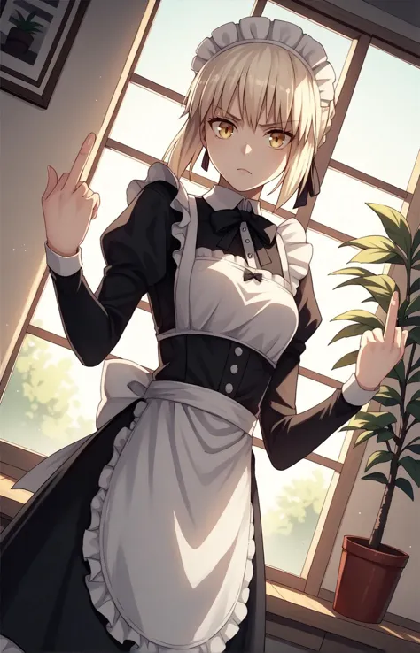 score_9, score_8_up, score_7_up, score_6_up, score_5_up, score_4_up, BREAK source_anime, 1girl, clothed, saber alter, indoors, potted plant, window, sunlight, by kasumi \(skchkko\), looking at viewer, serious, dutch angle, maid uniform, braid, double middle finger,