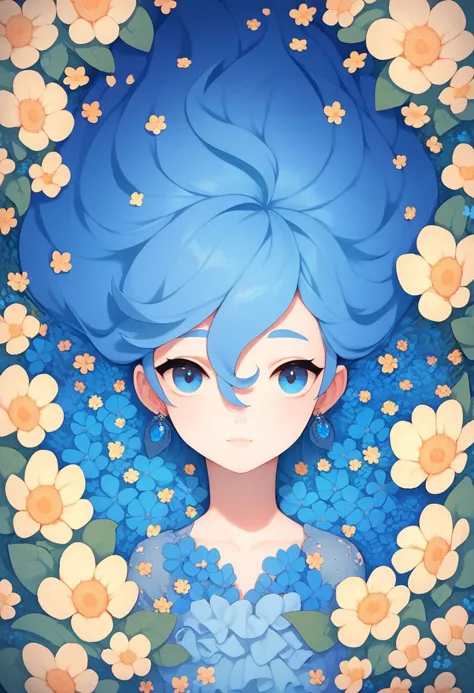 a girl with blue hair and blue eyes surrounded by flowers