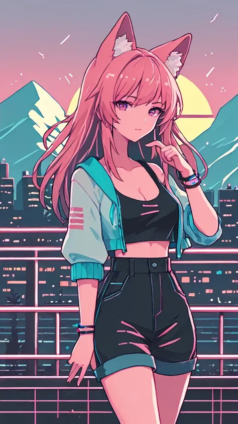 <lora:RetroWave_PonyXL:1> score_9, score_8_up, score_7_up, score_6_up, source_anime, retrowave, mountainous horizon, sunset, neon lights, cityscape, 1girl, fox ears, looking at viewer, cleavage, neon trim <lora:PonyMinimalStyle:1>