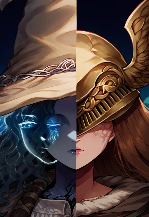 two images of a woman with a hat and a sword