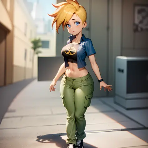 ((masterpiece, best quality)),(complex light),1girl, solo, full body, jenny test,  <lora:FemaleJohnnyTest4XXL:0.6>,blonde hair,blue eyes, pants, walking, midriff, open shirt, tank top, short hair, short sleeves shirt,