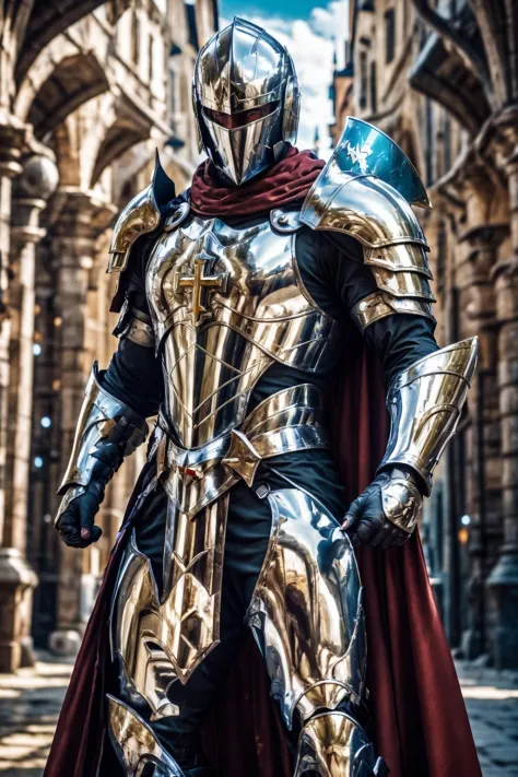 chr0me4rmor, photo of a (swedish man), wearing chrome paladin armor, fantasy medieval scifi city background, dynamic pose, holding shield, helmet, cross, cape, fighting stance, realistic, masterpiece, intricate details, detailed background, depth of field,