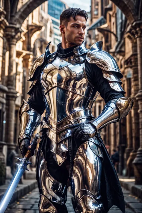 chr0me4rmor, photo of a (canadian man), wearing chrome knight armor, fantasy medieval scifi city background, dynamic pose, holding sword, realistic, masterpiece, intricate details, detailed background, depth of field,