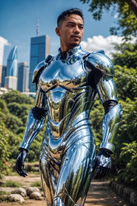 chr0me4rmor, photo of a (Malay man), wearing chrome exosuit, fantasy scifi city background, nature, outdoors, dynamic pose, real...