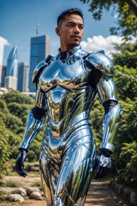 chr0me4rmor, photo of a (Malay man), wearing chrome exosuit, fantasy scifi city background, nature, outdoors, dynamic pose, realistic, masterpiece, intricate details, detailed background, depth of field,