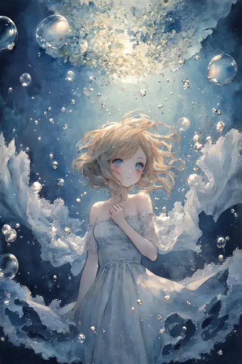 (masterpiece:1.1, highres:1.4) , 1 girl, watercolor style, (soft blending:1.2) , fluid colors, dreamy washes, delicate textures, organic shapes, atmospheric depth, bubble, limited color,  <lora:CuteGothicFashion1.1:1>