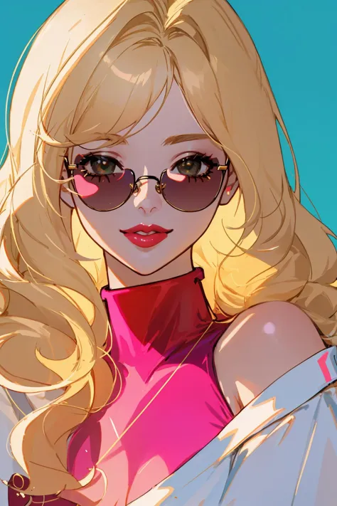 a close up of a woman with sunglasses and a pink top