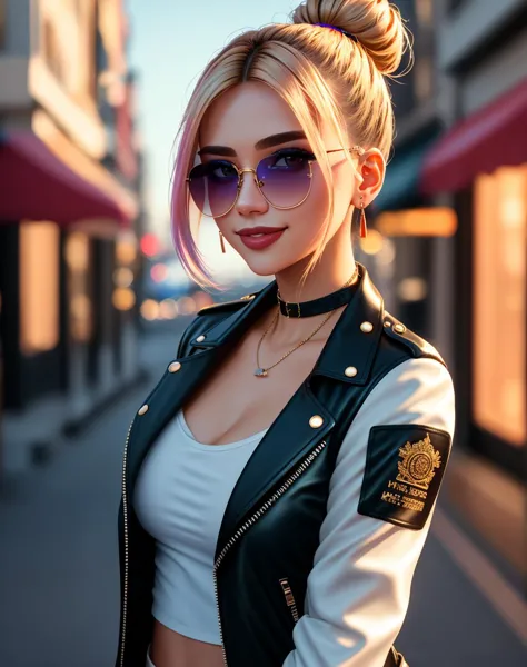 a woman with blonde hair and sunglasses standing on a street