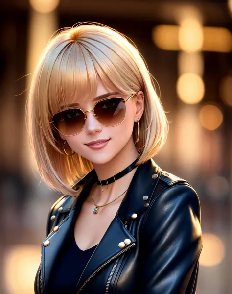 blond woman with sunglasses and a black leather jacket posing for a picture