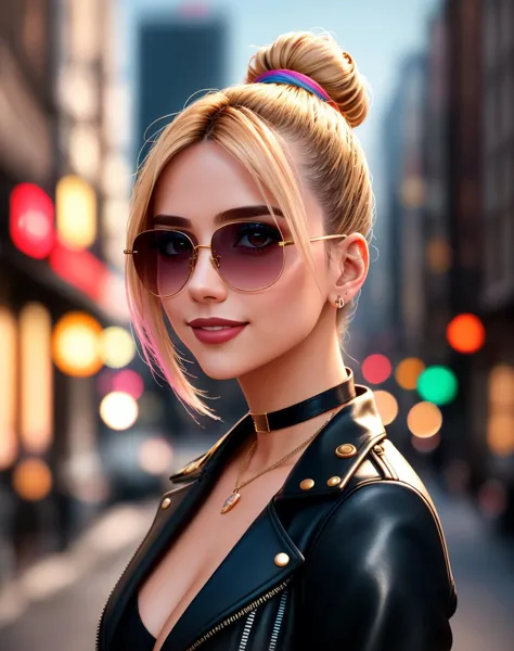 4K, Masterpiece, highres, absurdres,natural volumetric lighting and best shadows, deep depth of field, sharp focus, smiling,soft delicate beautiful attractive face, 
Nadia with sunglasses and a choker,leather jacket, breasts, smile, bicolor hair,  two-tone hair, makeup,  lipstick, with a edgLevitating_hairstyle,multicolor hair,top knot,
, cowboy shot, walking in the street, 
 <lora:edgLevitating:0.5> <lora:Nadia:0.35>