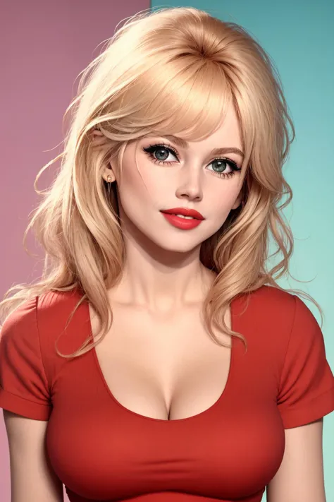 8K, Masterpiece, highres, absurdres, 
edgBardot_hairstyle,woman smiling, puffy lips, red lipstick,  shirt
<lora:edgBardot:0.88>