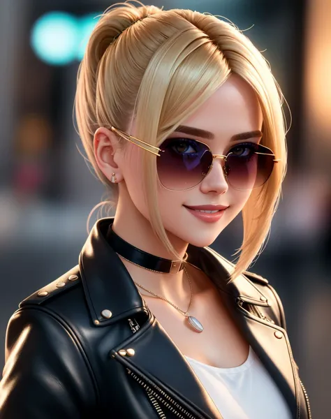 4K, Masterpiece, highres, absurdres,natural volumetric lighting and best shadows, deep depth of field, sharp focus, smiling,soft delicate beautiful attractive face, blonde Nadia with sunglasses and a choker, leather jacket, miniskirt,parted lips, smile, with a edgLevitating_hairstyle posing for a picture, cowboy shot,<lora:Nadia:0.35> 
 <lora:edgLevitating:0.45>