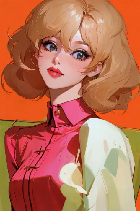 a drawing of a woman with blonde hair and a pink shirt