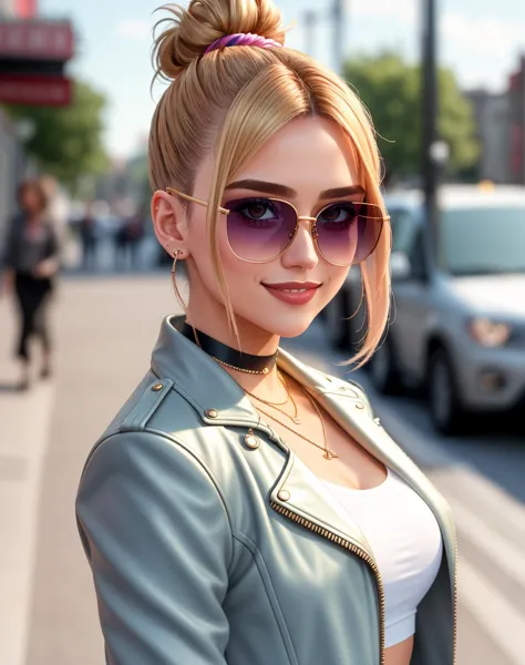 4K, Masterpiece, highres, absurdres,natural volumetric lighting and best shadows, deep depth of field, sharp focus, smiling,soft delicate beautiful attractive face, 
Nadia with sunglasses and a choker,leather jacket, smile, bicolor hair,  two-tone hair, makeup,  lipstick, with a edgLevitating_hairstyle,top knot,
, cowboy shot, walking in the street, 
 <lora:edgLevitating:0.5>  <lora:Nadia:0.35>