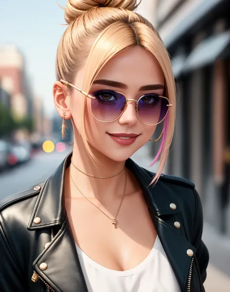 4K, Masterpiece, highres, absurdres,natural volumetric lighting and best shadows, deep depth of field, sharp focus, smiling,soft delicate beautiful attractive face, 
Nadia with sunglasses and a choker,leather jacket, breasts, smile, bicolor hair,  two-tone hair, makeup,  lipstick, with a edgLevitating_hairstyle,multicolor hair,top knot,
, cowboy shot, walking in the street, 
 <lora:edgLevitating:0.6> <lora:Nadia:0.35>