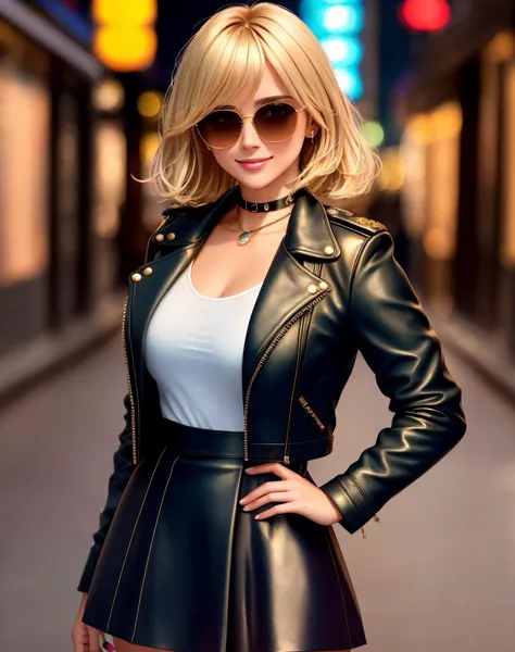 4K, Masterpiece, highres, absurdres,natural volumetric lighting and best shadows, deep depth of field, sharp focus, smiling,soft delicate beautiful attractive face,
blonde Nadia with sunglasses and a choker, leather jacket, miniskirt,parted lips, smile,
with an edgBobCut_hairstyle posing for a picture in a dress, 
cowboy shot,<lora:Nadia:0.3> <lora:edgBobCut:1>