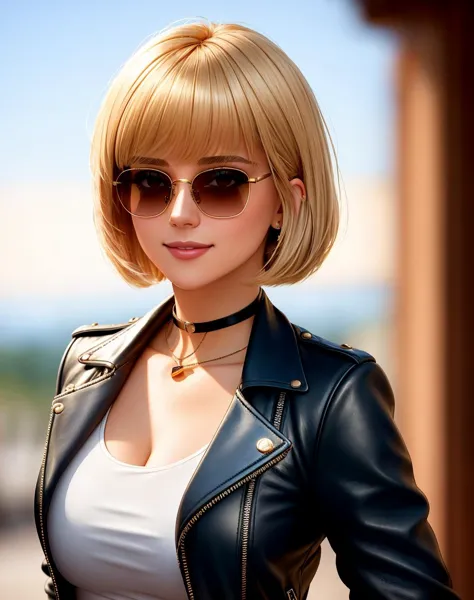 4K, Masterpiece, highres, absurdres,natural volumetric lighting and best shadows, deep depth of field, sharp focus, smiling,soft delicate beautiful attractive face,
blonde Nadia with sunglasses and a choker, leather jacket, miniskirt,
with an edgBobCut hair posing for a picture in a dress, blunt bangs,short hair,
cowboy shot,<lora:Nadia:0.3> <lora:edgBobCut:1>