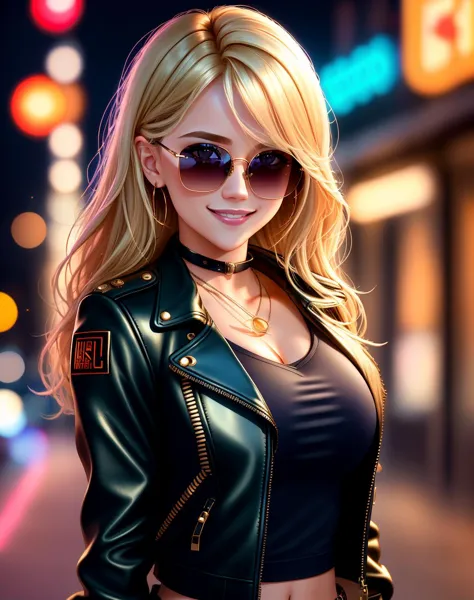 a woman in a leather jacket and sunglasses standing on a street