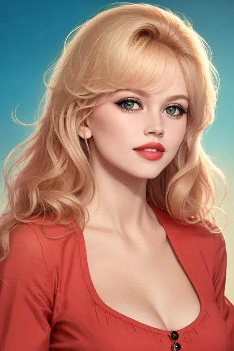 8K, Masterpiece, highres, absurdres, 
edgBardot_hairstyle,woman smiling, puffy lips, red lipstick,  shirt
<lora:edgBardot:0.88>