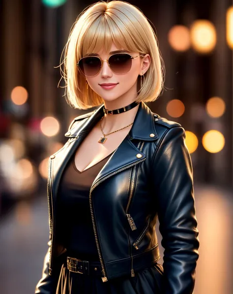 a close up of a woman wearing a black leather jacket and sunglasses