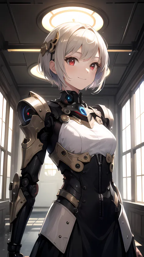 best quality, masterpiece, HDR, intricate, 1 girl, indoor,small room, a clockwork of gears filling all the walls of the room, wide shot, clear red eyes, cybernetic gynoid, extremely detailed mech suit, white gothic cuirass, gold short hair, white gorgeous wizard's dress skirt, Decorative embroidery, smile, closed mouth, upper body:1.3,