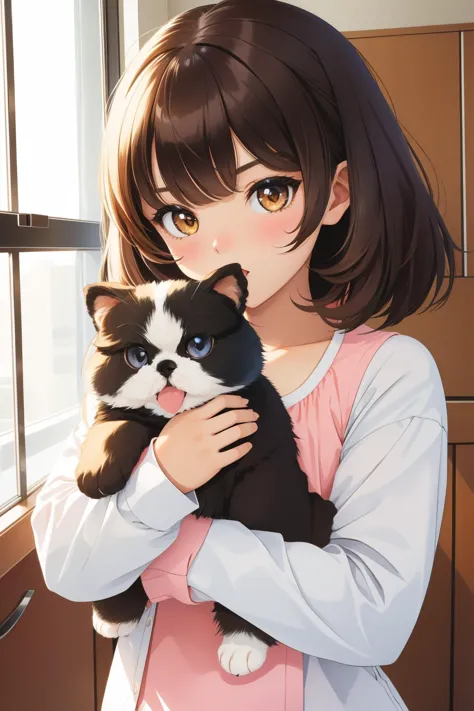 anime girl holding a cat in her arms by a window