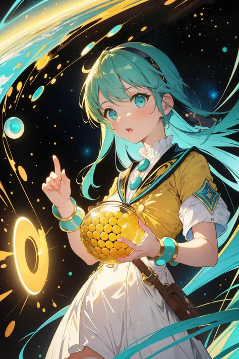 a woman with blue hair holding a gold ball in her hands