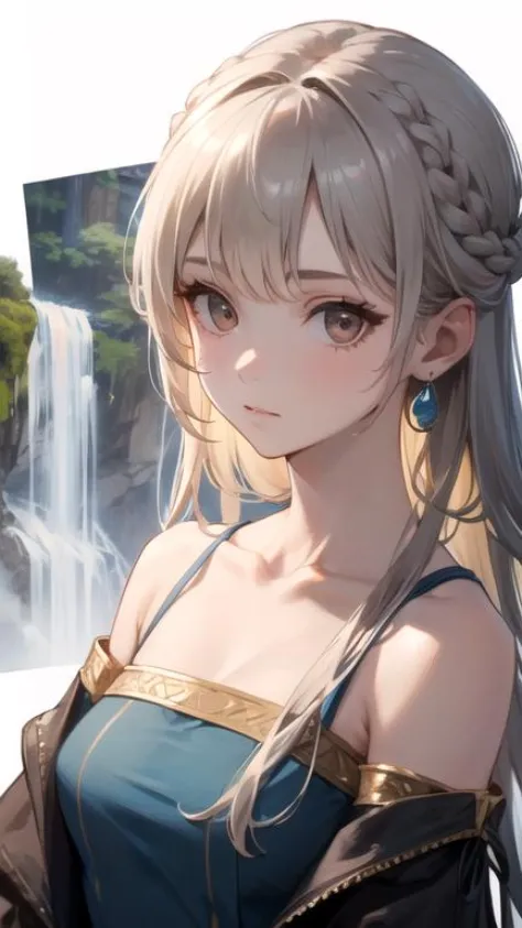 best quality, ultra-detailed, 1girl:1.6, solo,((best quality, high quality, masterpiece, highres)), (masterpiece, best quality) elderly, buoyant, indigenous peoples of the america, dark brown eyes, upswept ears, long nose, chiseled jaw, hollow cheeks, sculpted biceps, nasal septum, silver blonde waterfall braid hair, pity wearing chiffon one-shoulder top