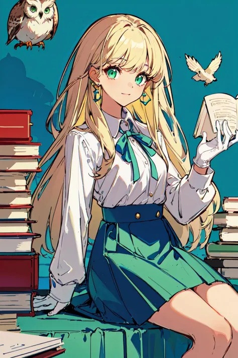 1girl, blonde hair, gloves, long hair, skirt, white gloves, sitting, book stack, solo, shirt, book, green skirt, owl, white shirt, looking at viewer, jewelry, long sleeves, high-waist skirt, green eyes, earrings, ribbon