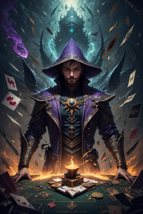 a man in a purple hat and purple cloak holding a card