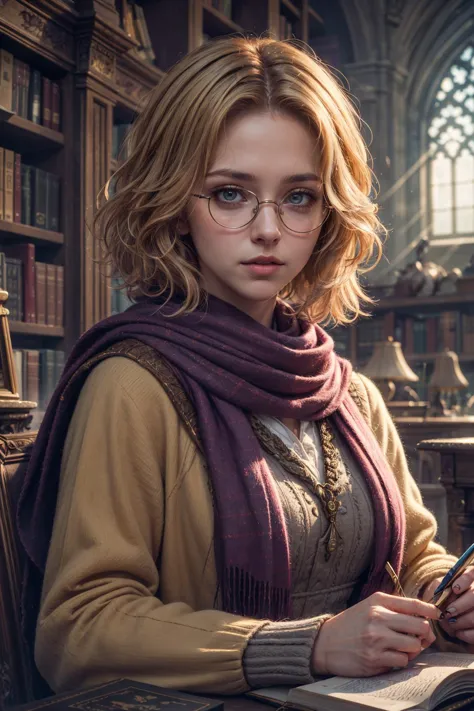 a woman in glasses is writing in a library